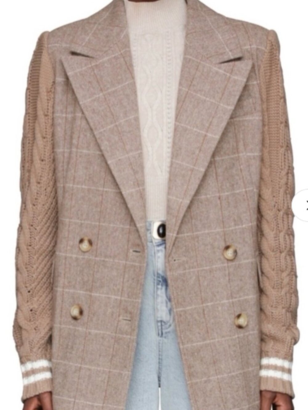 AVEC LES FILLES Glen Plaid Cable Knit Sweater Double Breasted Blazer